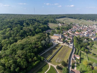 Yeşil başbakanın panoramik hava manzarası Hautvillers köyü yakınlarındaki üzüm bağlarına ve Fransa 'nın Champange kentindeki Marne Nehri vadisine bağlıdır.