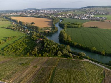 Hautvillers, Cumieres ve Marne River Valley, Champange, Fransa yakınlarındaki yeşil başbakanın panoramik hava manzaralı cru şampanya bağları ve tarlaları