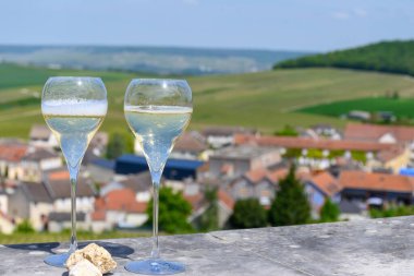 Büyük cru tatmak köpüklü beyaz şarap şampanya ile yaz manzaralı evler ve üzüm bağları büyük cru şarap üreticisi küçük köy Cramant, Champagne, France