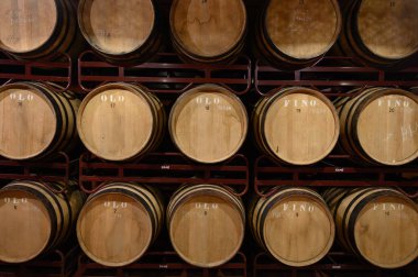 Production of fortified jerez, xeres, sherry wines in french oak barrels in sherry triangle, Jerez la Frontera, El Puerto Santa Maria and Sanlucar Barrameda Andalusia, Spain clipart