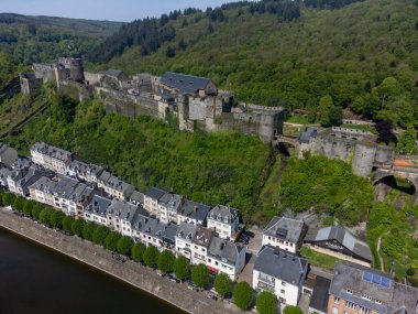 Aerial view on medieval town Bouillon with old fortified castle, Luxembourg province of Wallonie, Belgium clipart