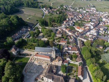Yeşil başbakanın panoramik hava manzarası Hautvillers köyü yakınlarındaki üzüm bağlarına ve Fransa 'nın Champange kentindeki Marne Nehri vadisine bağlıdır.