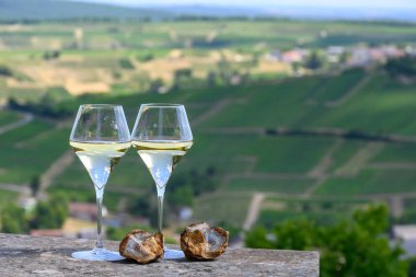 Sancerre Chavignol üzüm bağlarından alınmış beyaz şarap kadehleri ve Sancerre köyü yakınlarındaki çakıl taşı toprağı örneği, Cher, Loire vadisi, Fransa.