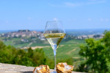 Sancerre Chavignol üzüm bağlarından alınmış beyaz şarap kadehleri ve Sancerre köyü yakınlarındaki çakıl taşı toprağı örneği, Cher, Loire vadisi, Fransa.