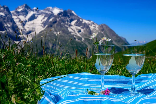 stock image Glasses of dry white Roussette de Savoie or Vin de Savoie wine from Savoy region served on flowering alpine meadows of Col du Lautaret on Alpes mountains in summer, France.