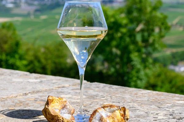 stock image Glasses of white wine from vineyards of Sancerre  Chavignol appelation and example of flint pebbles soil, near Sancerre village, Cher, Loire valley, France.