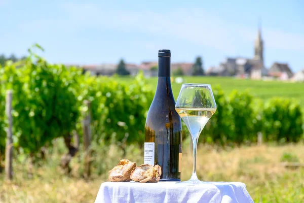 stock image Glasses of white wine from vineyards of Pouilly-Fume appelation and example of flint pebbles soil, near Pouilly-sur-Loire, Burgundy, France.