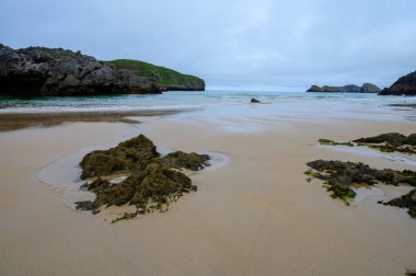 Celorio 'daki Playa de Borizo' daki kayalara bakın. Kuzey İspanya, Asturias 'ın yeşil kıyıları. Beyaz kumlu plajlar, uçurumlar, gizli mağaralar, yeşil tarlalar, ormanlar ve dağlar..