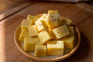 Peynir koleksiyonu, Belçika 'daki manastırdan gelen hardal tohumlarıyla olgunlaşmış sarı inek peyniri küpleri.