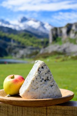 Cabrales, İspanya 'nın Asturias kentindeki kırsal süt çiftçileri tarafından pastörize edilmemiş ineklerden yapılan veya Picos de Europa' da keçi ya da koyun sütüyle karıştırılmış mavi peynir. İneklere ve otlaklara bak