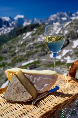 Peynir koleksiyonu, Fransız Alpleri 'ndeki Savoy bölgesinden Reblochon ve Tomme de Savoie peyniri, açık havada hafif inek sütü, Fransız Alpler dağlarının karlı tepelerinde manzara