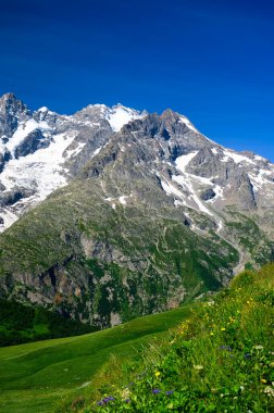 Dağlar ve yeşil alp çayırları Col du Lautaret, Massif des Ecrins, Hautes Alpes, Fransa yakınlarındaki yazlık alanları