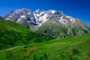 Dağlar ve yeşil alp çayırları Col du Lautaret, Massif des Ecrins, Hautes Alpes, Fransa yakınlarındaki yazlık alanları