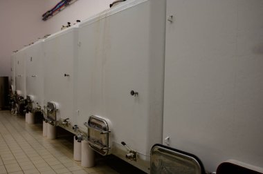 Pouilly-Fume 'daki mahzenlerde şarap turu, Pouilly-sur-Loire, Burgundy, Fransa yakınlarındaki Pouilly-Fume adreslerinin üzüm bağlarından beyaz şarap tankları..