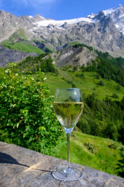 Kuru beyaz Roussette de Savoie ve Savoy bölgesinden Vin de Savoie Fransız şarabı içerken, üzerinde kar olan Hautes Alpes dağları manzaralı