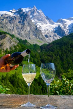 Kuru beyaz Roussette de Savoie ve Savoy bölgesinden Vin de Savoie Fransız şarabı içerken, üzerinde kar olan Hautes Alpes dağları manzaralı