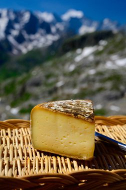 Peynir koleksiyonu, Fransız Alplerindeki Savoy bölgesinden Tomme de Savoie peyniri, açık havada hafif inek sütü peyniri, Fransız Alpe dağlarının karlı tepelerinde manzara