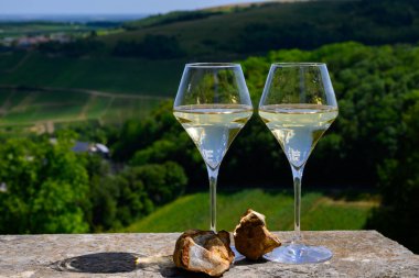 Sancerre Chavignol üzüm bağlarından alınmış beyaz şarap kadehleri ve Sancerre köyü yakınlarındaki çakıl taşı toprağı örneği, Cher, Loire vadisi, Fransa.