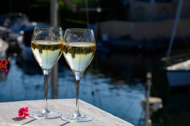 Port Grimaud limanında bir bardak soğuk beyaz şarap. Fransız Riviera 'sında yaz tatili.