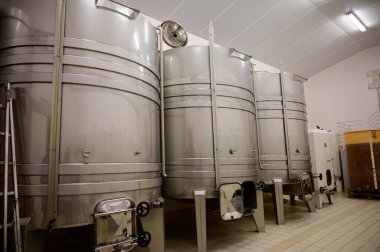 Pouilly-Fume 'daki mahzenlerde şarap turu, Pouilly-sur-Loire, Burgundy, Fransa yakınlarındaki Pouilly-Fume adreslerinin üzüm bağlarından beyaz şarap tankları..