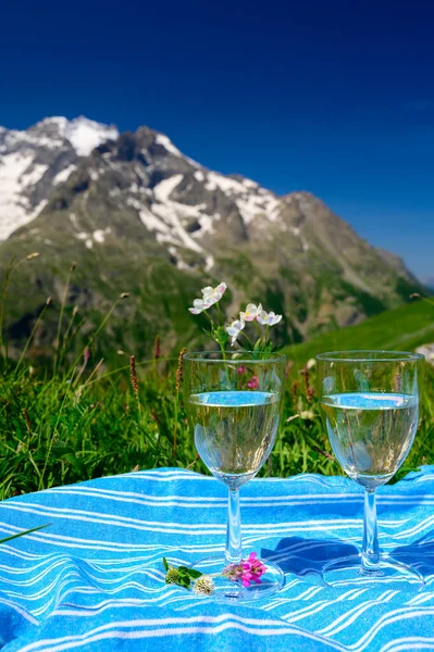 Savoy bölgesinden Roussette de Savoie veya Vin de Savoie şarabı, Fransa 'nın Alpes dağlarında Col du Lautaret' in çiçek açan alp çayırlarında mevcuttur..