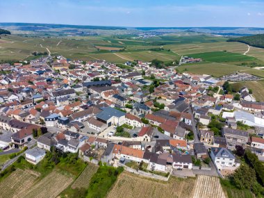 Yeşil büyük cru şampanya bağlarının panoramik hava manzarası ve Cramant köyünün evleri, Cotes des Blancs, Champange, Fransa
