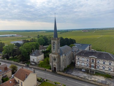 Avize ve Oger, Cotes des Blancs, Champange France köylerinin yakınlarındaki yeşil büyük cru şampanya bağlarında panoramik hava manzarası