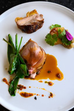 Modern Fransız haute mutfağından nefis, emzirilmiş domuz yemeği. Restoranın bahçesinden ve çiftliğinden taze organik malzemelerle hazırlanmış ve çok güzel servis edilmiş.