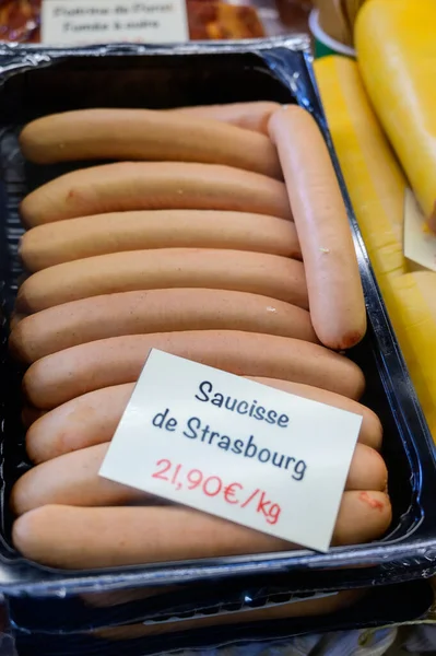 Kiełbaski Wieprzowe Alzacji Francji Angielskie Tłumaczenie Sausage Strasbourg — Zdjęcie stockowe