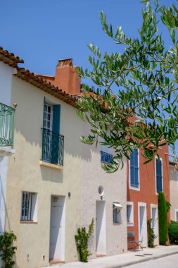 Colorful houses in Port Grimaud, village on Mediterranean sea with yacht harbour, Provence, summer vacation in France.