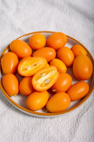 Deliciosos Pequenos Citrinos Laranja Kumquats Close — Fotografia de Stock