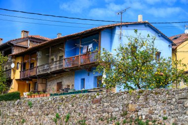 İspanya 'nın kuzeyindeki Asturias' ta arabayla seyahat ediyor. Köy manzarası, evler, Villaviciosa yakınlarındaki bahçeler.