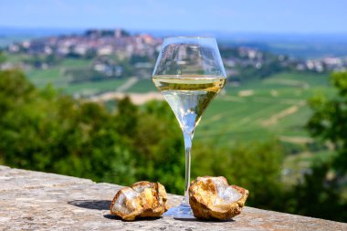 Sancerre Chavignol üzüm bağlarından alınmış beyaz şarap kadehleri ve Sancerre köyü yakınlarındaki çakıl taşı toprağı örneği, Cher, Loire vadisi, Fransa.