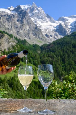 Kuru beyaz Roussette de Savoie ve Savoy bölgesinden Vin de Savoie Fransız şarabı içerken, üzerinde kar olan Hautes Alpes dağları manzaralı