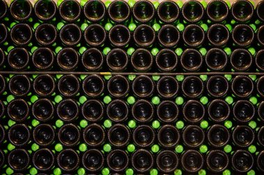 Bir sürü şampanya köpüklü şarap. Yeraltı mağaralarının ziyareti, Cote des Bar, Aube, Fransa 'nın güneyinde geleneksel şampanya yapımı.