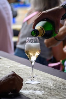 Fransız şampanyası, Cote des Bar 'da hafta sonu şampanya festivali güzergahında köpüklü beyaz şarap tatmak.