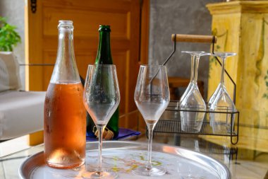 Grand Cru şarap üreticisi küçük bir köy olan Ambonnay, Champagne, Fransa 'da şampanya üreten eski bir şampanyada köpüklü beyaz şarap tatmak.