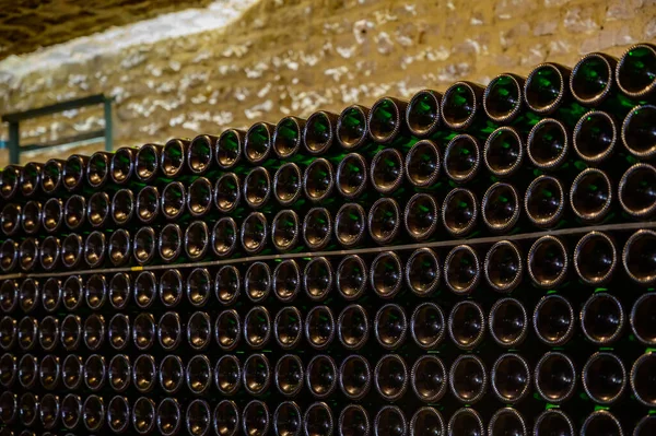 シャンパンスパークリングワインのボトルがたくさんあります 地下洞窟の訪問 フランス シャンパーニュの南にあるコート バーでシャンパンワインの伝統的な製造 — ストック写真
