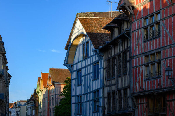 Medieval central part of Troyes old city with half-timbered houses and narrow streets, Champagne, France, tourist destination