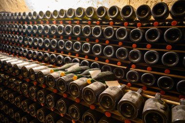 Yeraltındaki mağaralarda, ahşap raflarda şişelerle yürüyoruz. Geleneksel şampanya yapımı Chardonnay ve Epernay, Champagne, France 'da siyah üzümler.