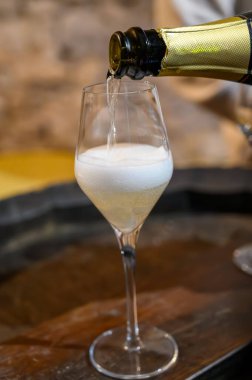 Büyük Cru şarabının tadı köpüklü, köpüklü, köpüklü beyaz şarap Grand Cru şarap üreticisi küçük bir köy olan Cramant, Champagne, Fransa 'daki eski şampanya mağaralarının şampanyası.