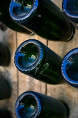 Yeraltındaki mağaralarda, ahşap raflarda şişelerle yürüyoruz. Geleneksel şampanya yapımı Chardonnay ve Epernay, Champagne, France 'da siyah üzümler.