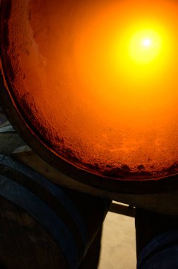 Sediment in barrels, traditional wa of making champagne sparkling wine from chardonnay and pinor noir grapes in grand cru village Oger, Champagne, France