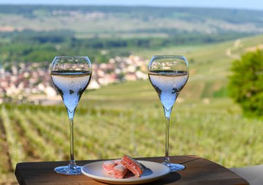 Yeşil Pinot Noir manzaralı beyaz şarap şampanyası Hautvillers 'ın üzüm bağları ve Fransa' nın Marne nehri vadisi