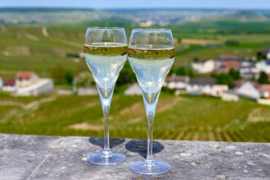 Tasting of grand cru sparkling white wine with bubbles champagne with summer view on houses and vineyards grand cru wine producer small village Cramant, Champagne, France clipart