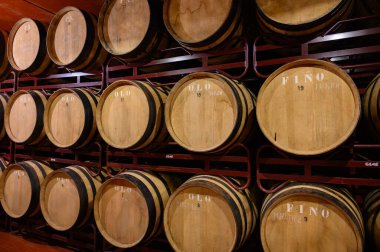 Production of fortified jerez, xeres, sherry wines in french oak barrels in sherry triangle, Jerez la Frontera, El Puerto Santa Maria and Sanlucar Barrameda Andalusia, Spain clipart