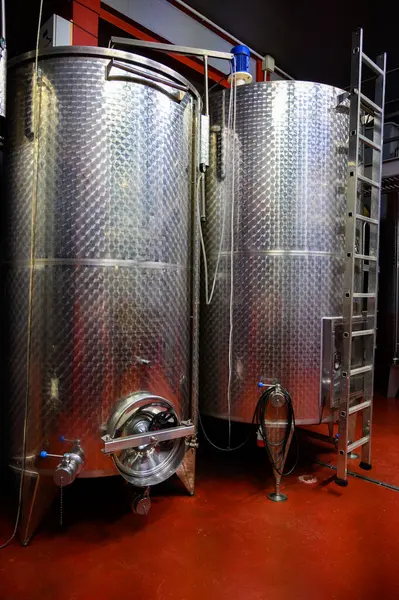 意大利现代生物葡萄酒生产厂 西班牙用于发酵葡萄酒葡萄的无氧钢罐 — 图库照片#