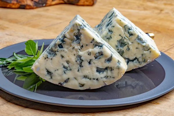 奶酪系列 法国蓝奶酪奥弗涅或4Me Ambert与蓝色模子紧密相连 — 图库照片