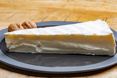 Piece of french soft-ripened white mold cow milk cheese brie produced in Seine-et-Marne region, France, close up