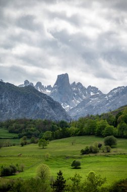 Picos de Europa 'nın Macizo Orta Bölgesi' nde yer alan Paleozoik Çağ 'dan kalma kireçtaşı zirvesi Naranjo de Bulnes veya Picu Urriellu' nun panoramik görüntüsü, Kuzey İspanya 'nın Asturias sıradağları